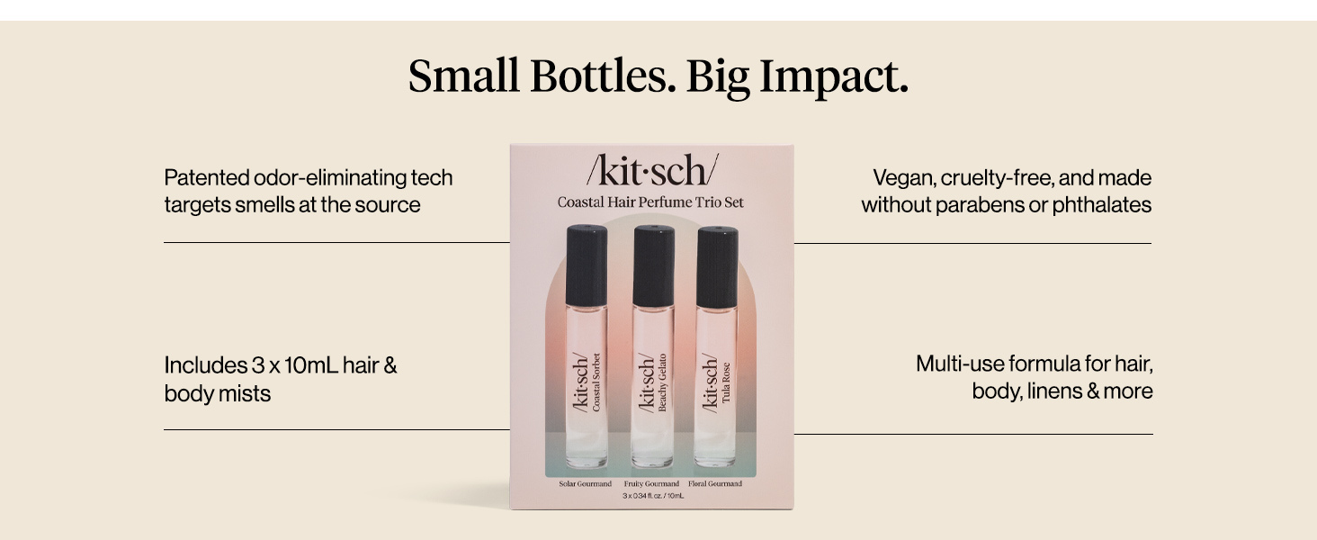 Kitsch Hair Perfume for Women- Trio Set | Deodorizing & Patented Odor-Eliminating Technology Hair Spray & Body Mist- Freshen Hair, Body & Pillows - Tula Rose, Beachy Gelato & Coastal Sorbet- 3 x 10mL