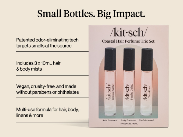Kitsch Hair Perfume for Women- Trio Set | Deodorizing & Patented Odor-Eliminating Technology Hair Spray & Body Mist- Freshen Hair, Body & Pillows - Tula Rose, Beachy Gelato & Coastal Sorbet- 3 x 10mL