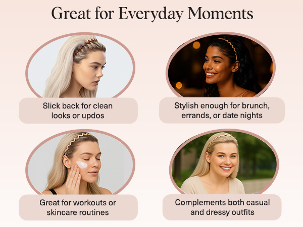 Kitsch Zig Zag Headbands for Women - Neutral, 2 pcs, Fashion Accessories for Slicked Back Styles | Comfortable Wavy Headbands | Comb Headband with Teeth
