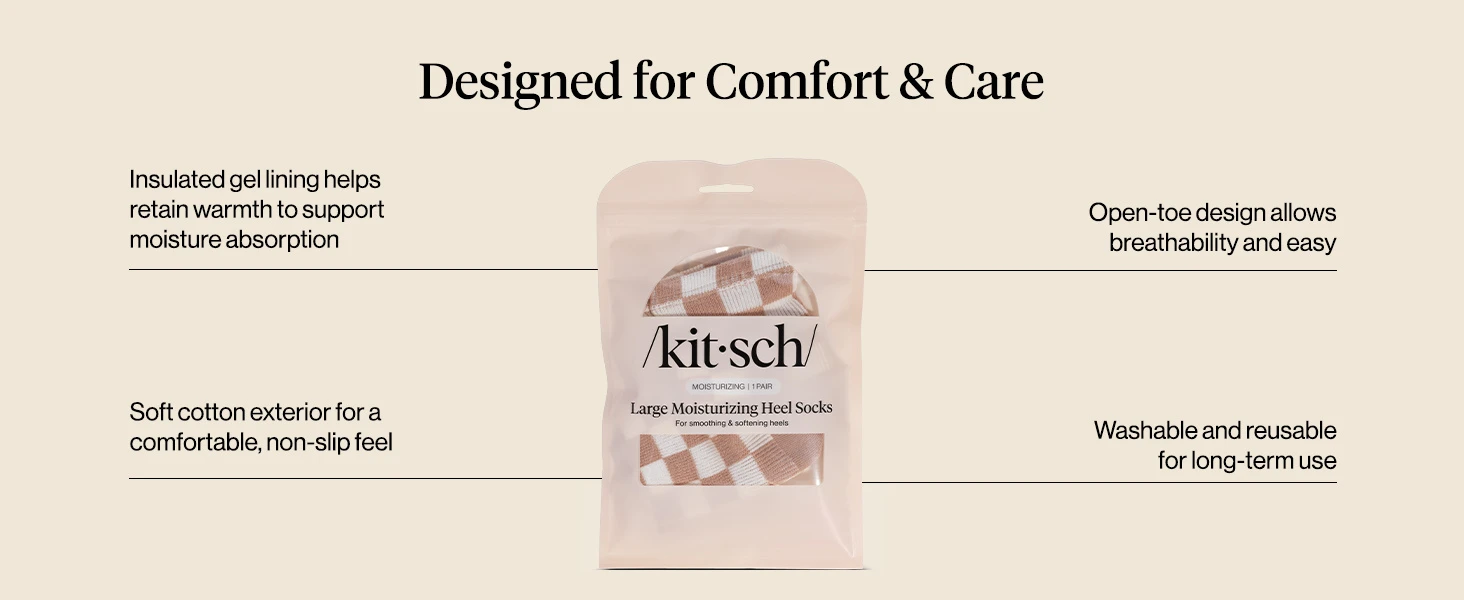 Kitsch Large Moisturizing Heel Socks - Terracotta Checker Moisturizing Heel Socks for Women & Men, Overnight Foot Masks with Insulated Gel Lining for Cracked Heels, Open-Toe Design