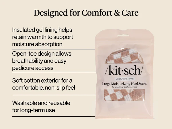 Kitsch Large Moisturizing Heel Socks - Terracotta Checker Moisturizing Heel Socks for Women & Men, Overnight Foot Masks with Insulated Gel Lining for Cracked Heels, Open-Toe Design