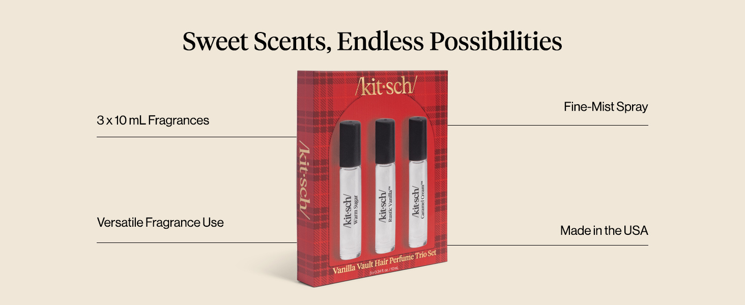 Kitsch Trio Vanilla Vault Hair Perfume for Women - Hair Spray & Body Mist, Clean, Deodorizing & Patented Odor-Eliminating Technology – Freshen Hair, Body & Pillows – Made in USA – 3x10mL