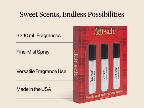 Kitsch Trio Vanilla Vault Hair Perfume for Women - Hair Spray & Body Mist, Clean, Deodorizing & Patented Odor-Eliminating Technology – Freshen Hair, Body & Pillows – Made in USA – 3x10mL