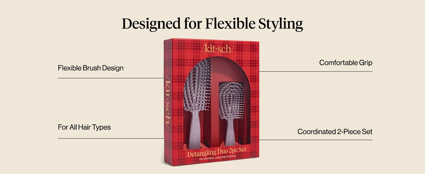 Kitsch Flexi Flow Duo Detangler Brush, Hair Brushes For Women - Soft Violet Brush Detangler for Women, Men & Kids, Curly Hair Brush w/ Bendable Frame, Bounce Curl Defining Brush for Wet or Dry Strands