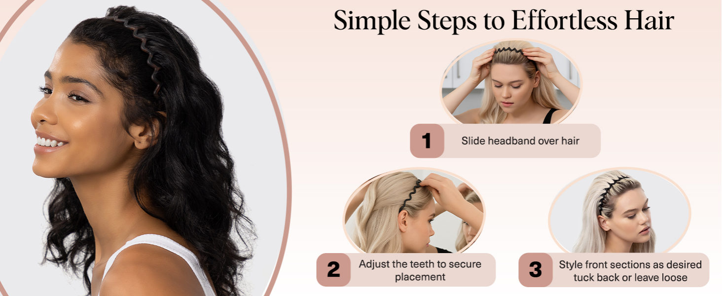 Kitsch Zig Zag Headbands for Women Non Slip – Fashion Accessories for Slicked Back Styles - Comfortable Comb Headband with Teeth | Ideal Gifts for Women - Tortoise & Black Headband - 2 pcs