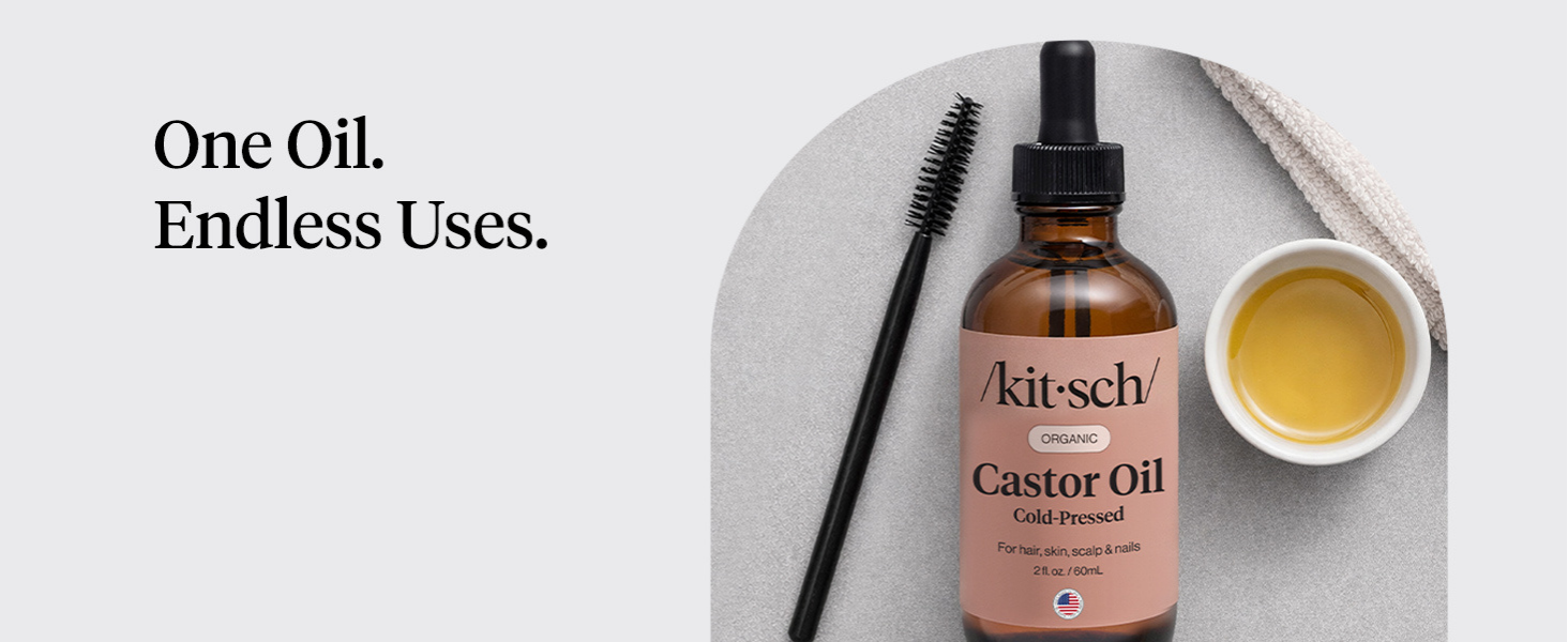 Kitsch Organic Castor Oil for Hair Growth - 100% Pure Castor Oil, Organic Cold Pressed Unrefined Glass Bottle for Face, Skin, Lashes, Brows, Scalp, Nails & Belly Button | Ideal Gifts for Women - 60 mL