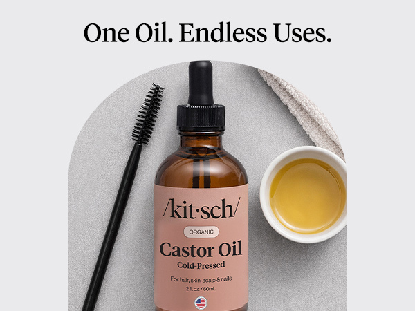 Kitsch Organic Castor Oil for Hair Growth - 100% Pure Castor Oil, Organic Cold Pressed Unrefined Glass Bottle for Face, Skin, Lashes, Brows, Scalp, Nails & Belly Button | Ideal Gifts for Women - 60 mL