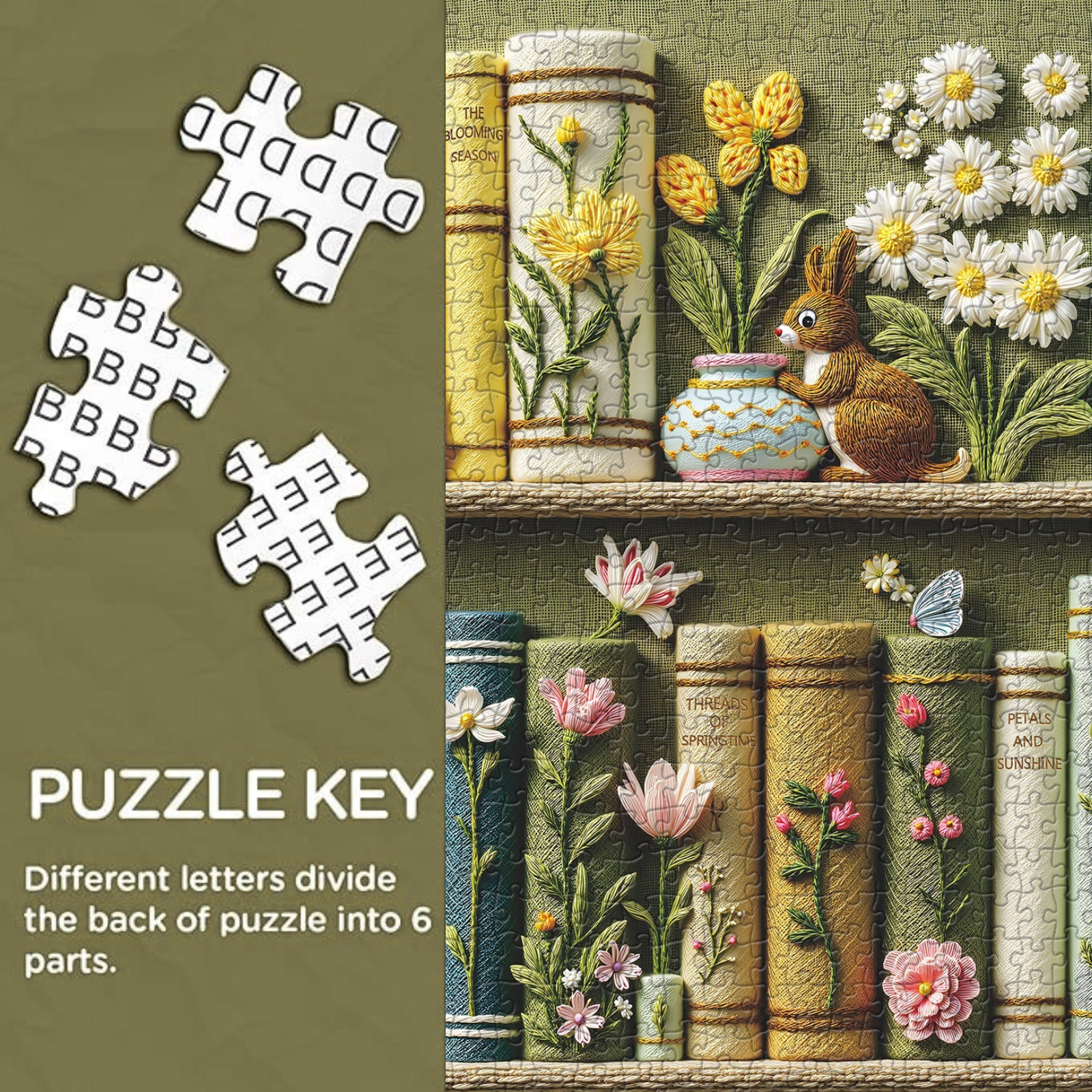 Spring Floral Bookshelf Puzzles for Adults 1000 Pieces, Challenging Bunny Garden Library with Flower and Butterfly, Vintage Botanical Book Spine Aesthetic Art Jigsaw Puzzle