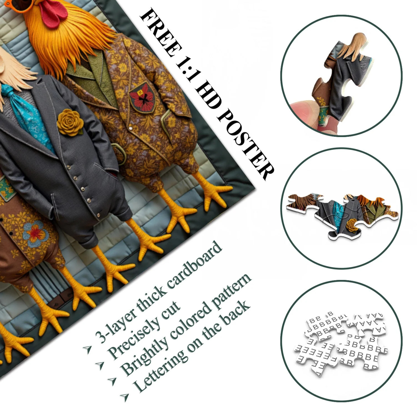 Funny Chicken Family Puzzle 1000 Pieces, Vintage Stylish Roosters Jigsaw Puzzles, Colorful Animal Chickens Puzzle