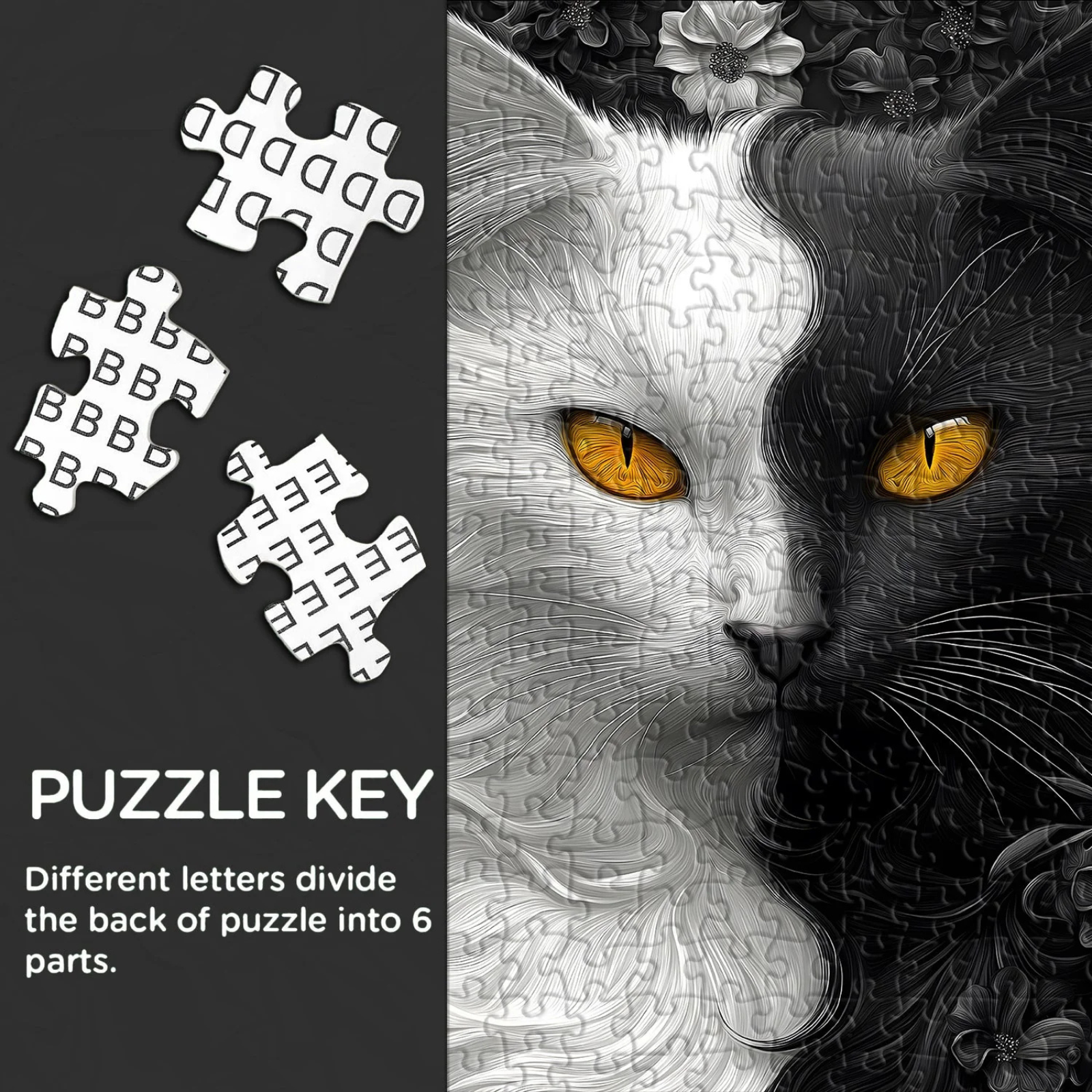 Yin Yang Cat Jigsaw Puzzle 1000 Pieces for Adults,Black and White Kitty Animal Flower Puzzle, Unique Kitten Puzzle,Impossible Difficult Hard Challenge for Adults, Cat Aesthetic Home Wall Decor