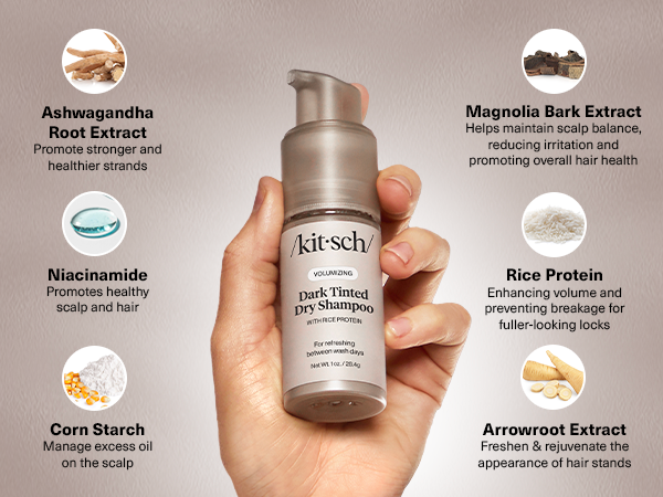 Kitsch Volumizing Rice Protein Dry Shampoo Powder - Dry Shampoo for Women & Men, Dark Hair, No White Cast, Absorbs Oil, Non-Greasy, Fragrance Free, Travel Size | Ideal Gifts for Women- Dark Tinted