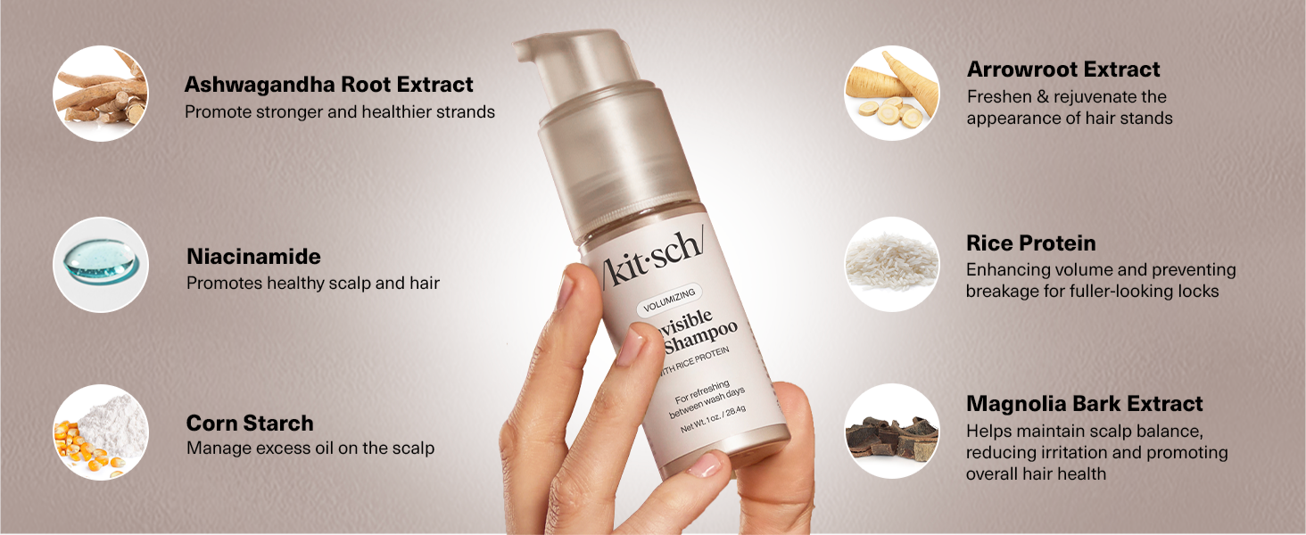 Kitsch Volumizing Rice Protein Dry Shampoo Powder - Dry Shampoo for Women & Men, No White Cast, Absorbs Oil, Non-Greasy, Light-to-medium Hair Colors, Travel Size | Ideal Gifts for Women- Invisible