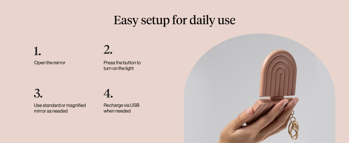 Kitsch Compact Mirror Keychain &ndash; Travel Makeup Mirror with Lights, Small Lighted Dual-Magnification Pocket Mirrors, USB-Rechargeable, Ideal for Your Touch-Ups While On Travel &ndash; Terracotta