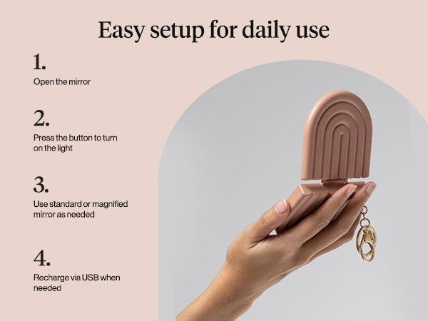 Kitsch Compact Mirror Keychain &ndash; Travel Makeup Mirror with Lights, Small Lighted Dual-Magnification Pocket Mirrors, USB-Rechargeable, Ideal for Your Touch-Ups While On Travel &ndash; Terracotta