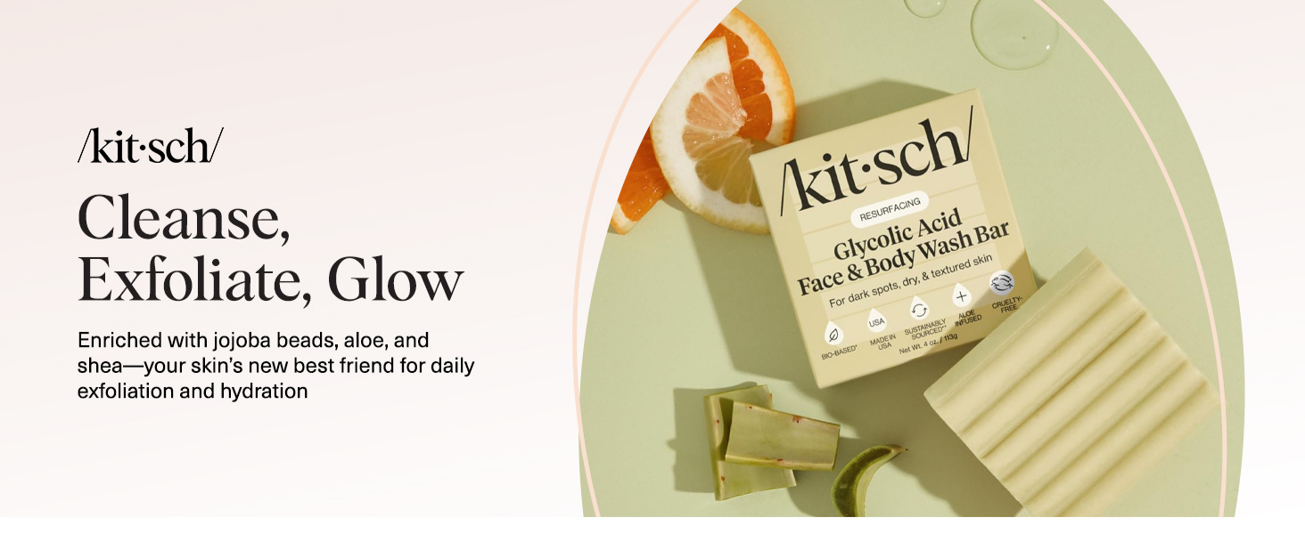 Kitsch Glycolic Acid Face & Body Wash Bar &ndash; Resurfacing Bar Soap with Shea Butter for Smoother, Brighter Skin &ndash; Gentle Soap & Body Wash Women & Men Love &ndash; Cucumber & Eucalyptus Scent Bath Soap - 113g