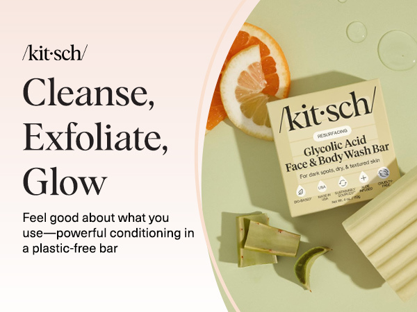Kitsch Glycolic Acid Face & Body Wash Bar &ndash; Resurfacing Bar Soap with Shea Butter for Smoother, Brighter Skin &ndash; Gentle Soap & Body Wash Women & Men Love &ndash; Cucumber & Eucalyptus Scent Bath Soap - 113g