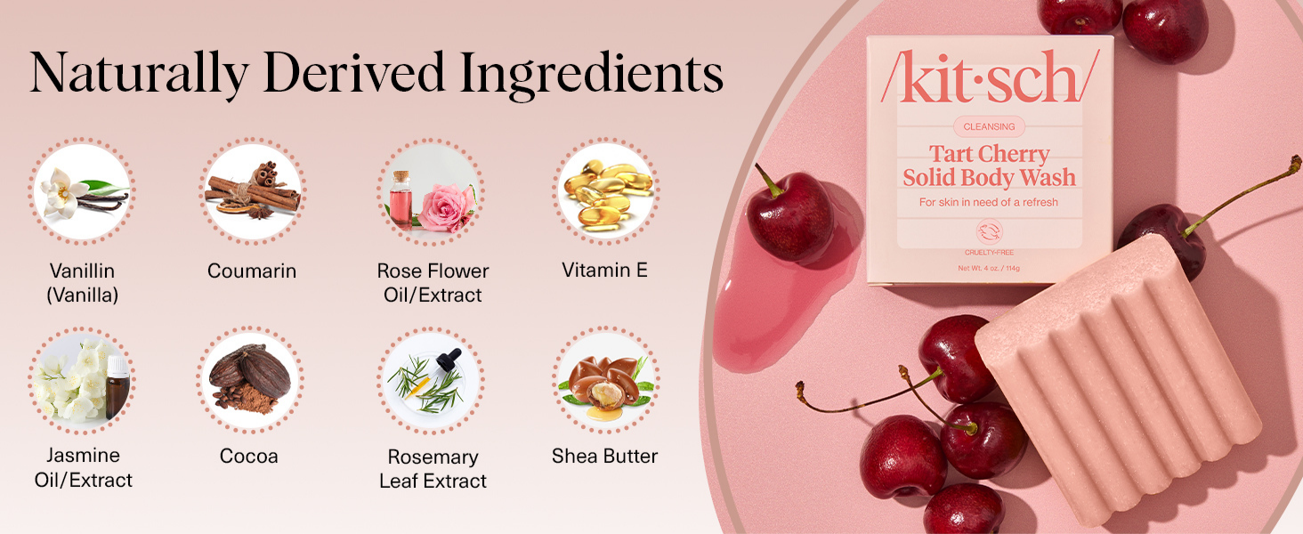 Kitsch Cleansing Tart Cherry Soap Bar with Refreshing Scent - Eco-Friendly Body Wash Women Love - Cherry Solid Bar Soap for Daily Use - Silicone, Sulfate and Paraben Free, Made in USA - 114g