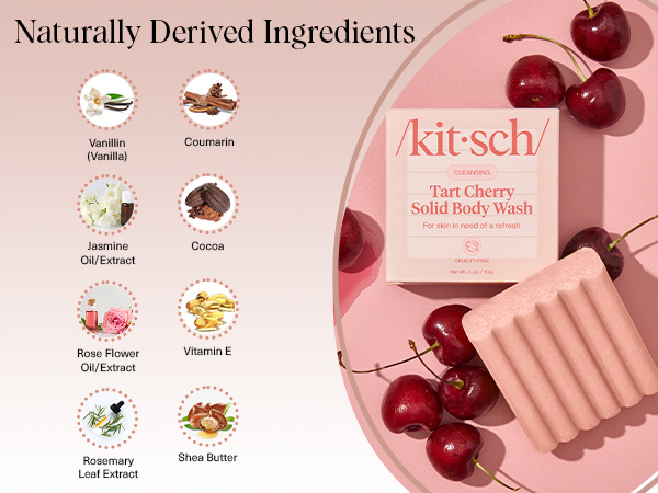 Kitsch Cleansing Tart Cherry Soap Bar with Refreshing Scent - Eco-Friendly Body Wash Women Love - Cherry Solid Bar Soap for Daily Use - Silicone, Sulfate and Paraben Free, Made in USA - 114g