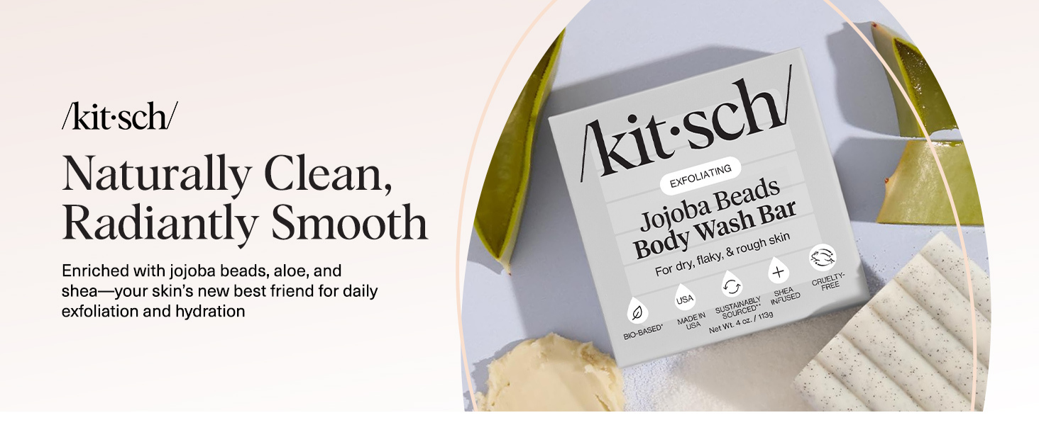 Kitsch Jojoba Beads Exfoliating Body Wash Bar &ndash; Nourishing Bar Soap with Shea Butter & Aloe for Dry, Flaky Skin &ndash; Soap bar & Body Scrub for Smooth, Refreshed Skin &ndash; Rosemary & Cedarwood Scent - 113g