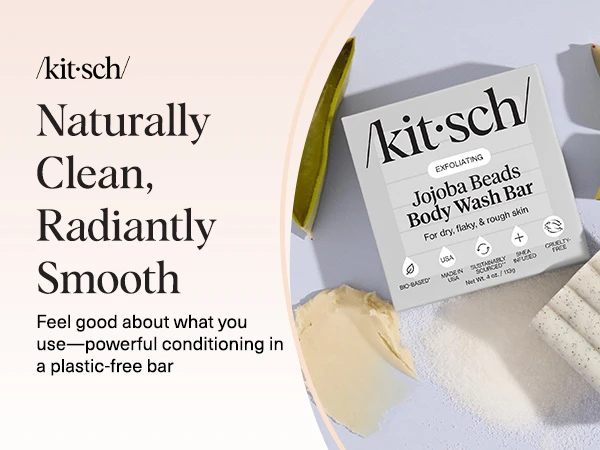Kitsch Jojoba Beads Exfoliating Body Wash Bar &ndash; Nourishing Bar Soap with Shea Butter & Aloe for Dry, Flaky Skin &ndash; Soap bar & Body Scrub for Smooth, Refreshed Skin &ndash; Rosemary & Cedarwood Scent - 113g