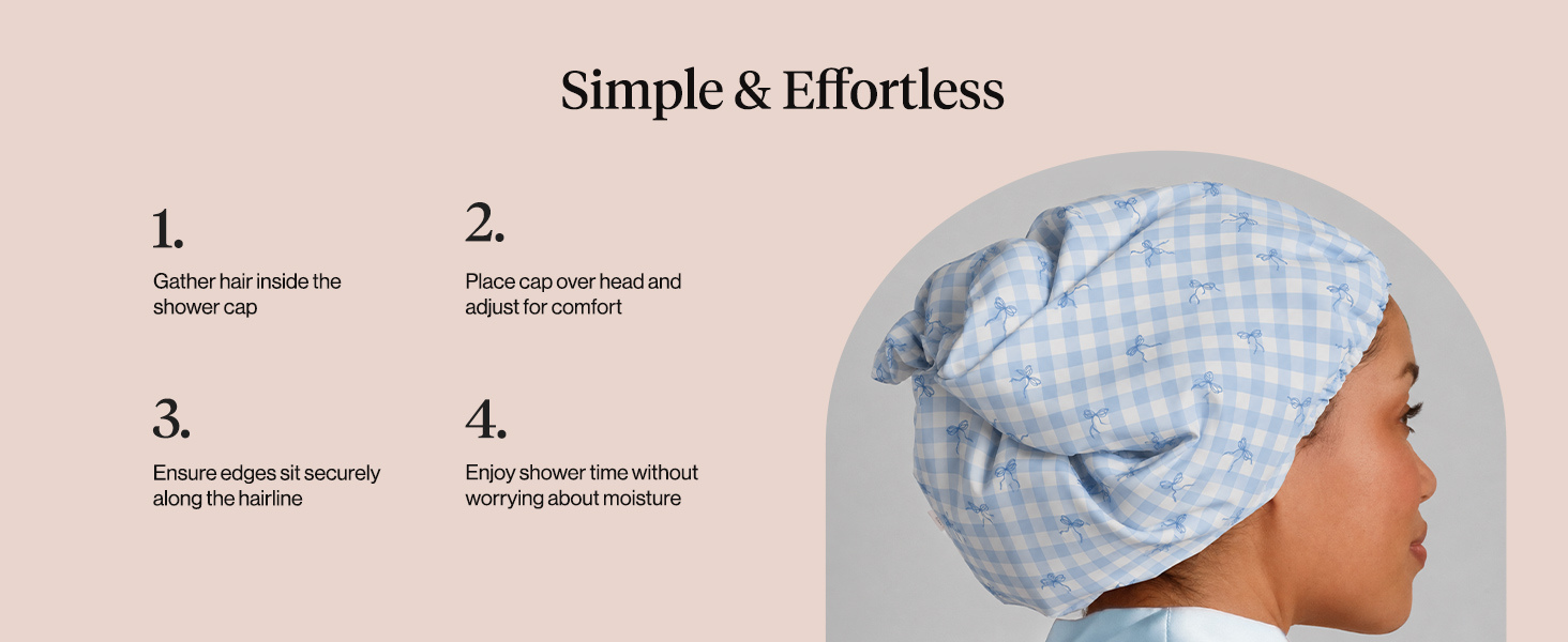 Kitsch Luxury Satin-Lined Flexi Shower Cap for Women - Gingham Blue | Shower Caps for Women Reusable Waterproof - Non-slip, Comfortable Quick-dry Hair Shower Cap for All Hair Types