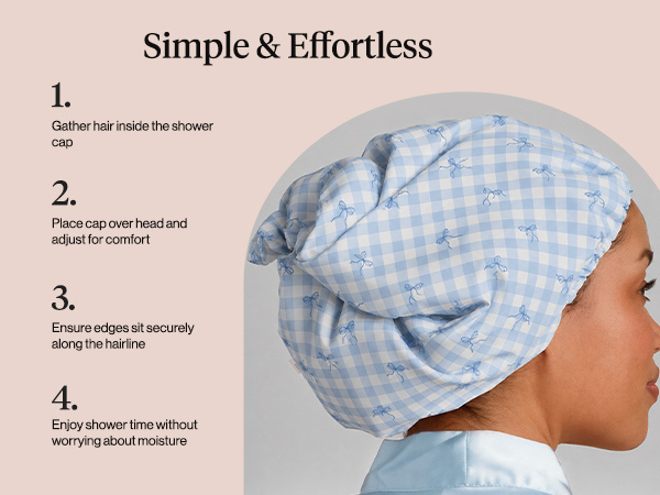 Kitsch Luxury Satin-Lined Flexi Shower Cap for Women - Gingham Blue | Shower Caps for Women Reusable Waterproof - Non-slip, Comfortable Quick-dry Hair Shower Cap for All Hair Types