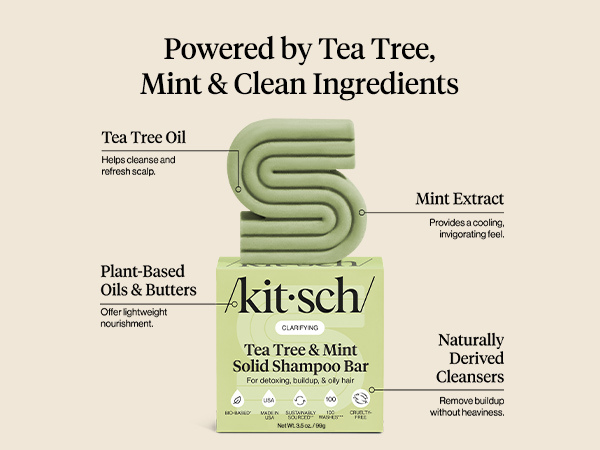 Kitsch Clarifying Tea Tree & Mint Shampoo Bar Soap - Made in USA - Clarifying Shampoo for Build-Up Removal - Hair Shampoo for Women and Men for Scalp & Oil Control - Vegan Hair Care