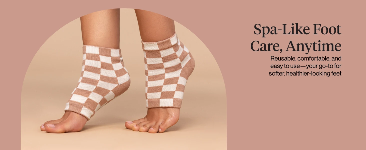 Kitsch Large Moisturizing Heel Socks - Terracotta Checker Moisturizing Heel Socks for Women & Men, Overnight Foot Masks with Insulated Gel Lining for Cracked Heels, Open-Toe Design