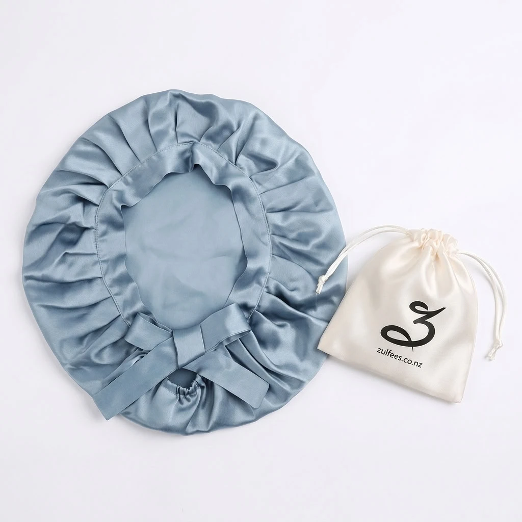 Zulfees Grayish Blue double-layer silk bonnet designed for overnight hair care