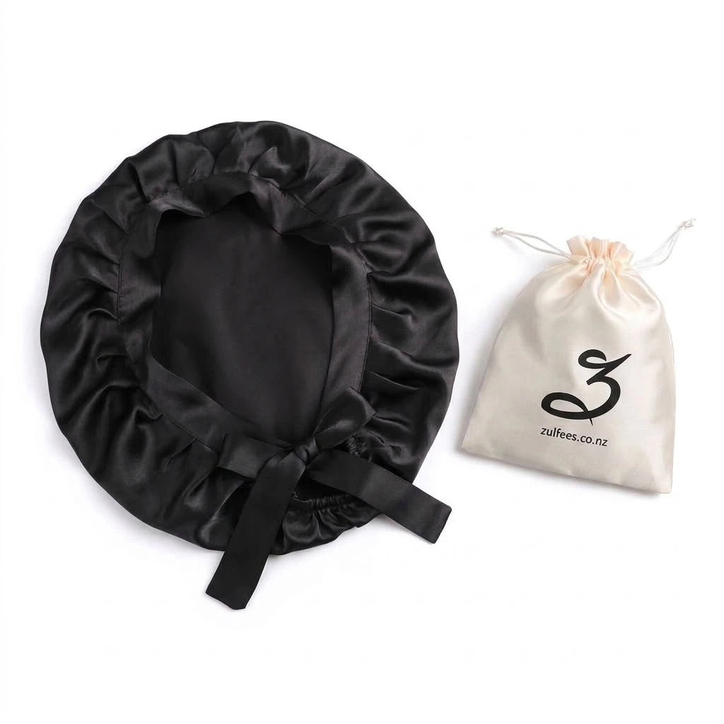 Zulfees Black double-layer silk bonnet designed for overnight hair care