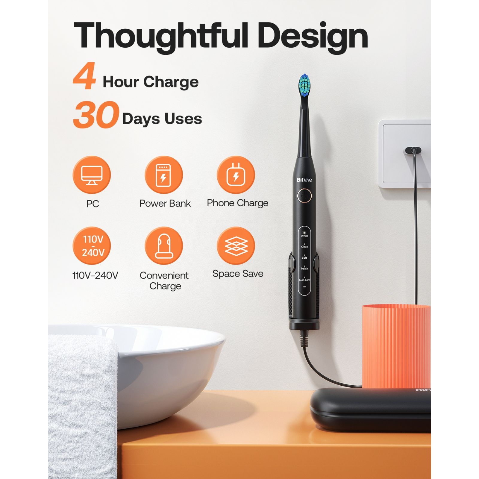 Bitvae Electric Toothbrush thoughtful design 4 hour charge using USB for 30 days use
