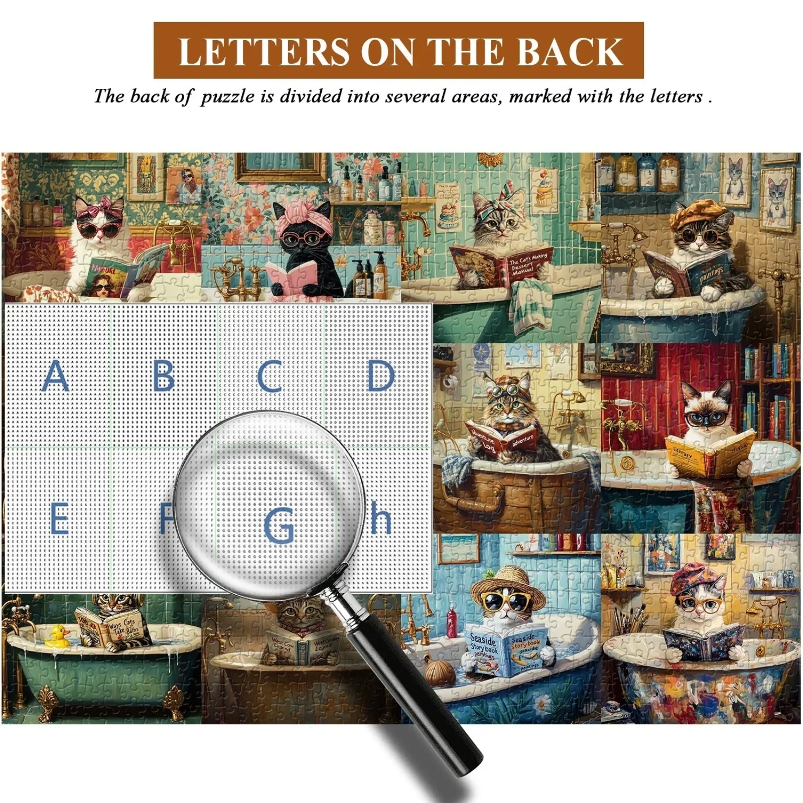 Literary Cats in Bathtubs 1000 Piece Jigsaw Puzzle for Adults - Letters on the back of the puzzle for easy sorting