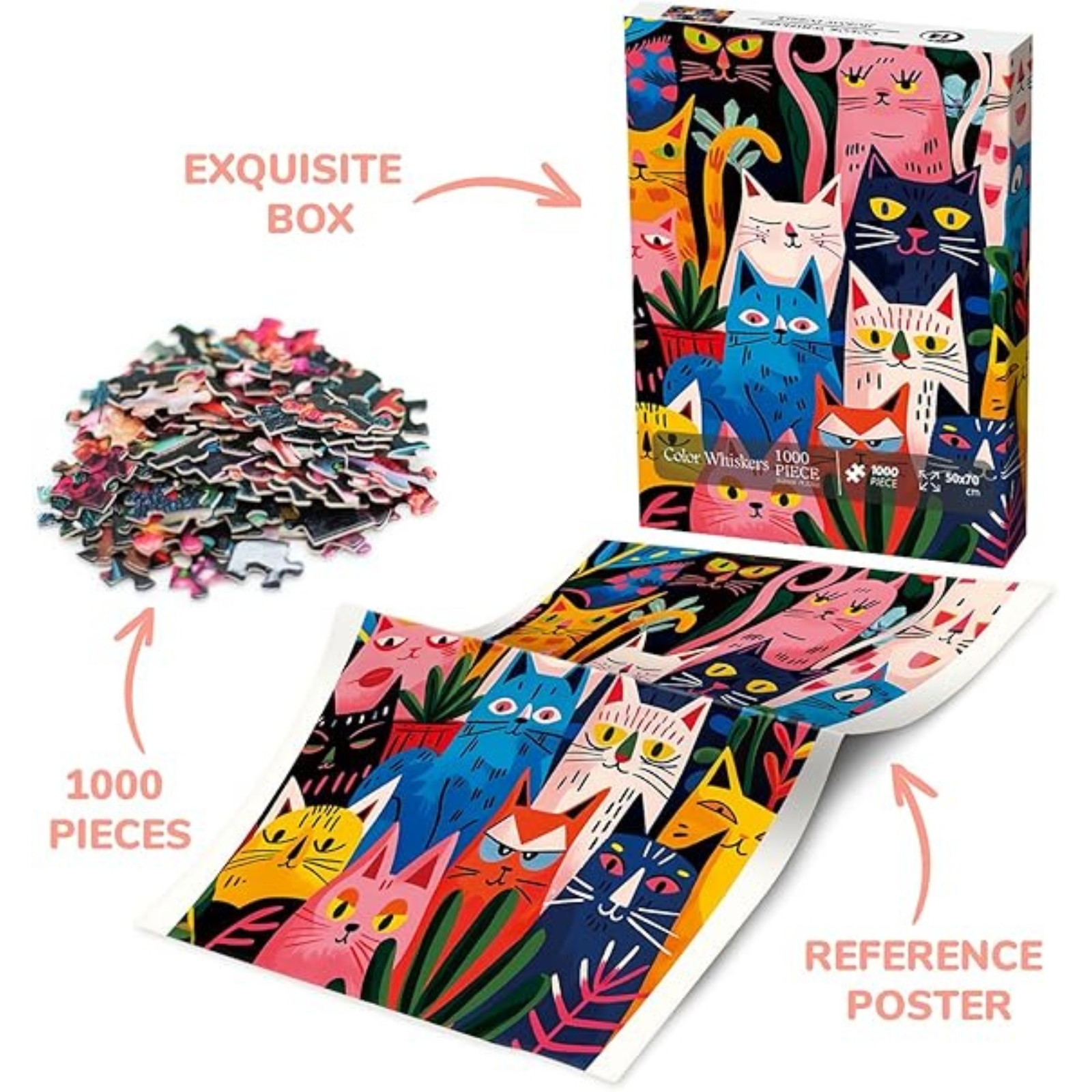 Color Whiskers 1000 Piece Jigsaw Puzzle for Adults - Puzzle Box with Poster and Letters on the back of the puzzle