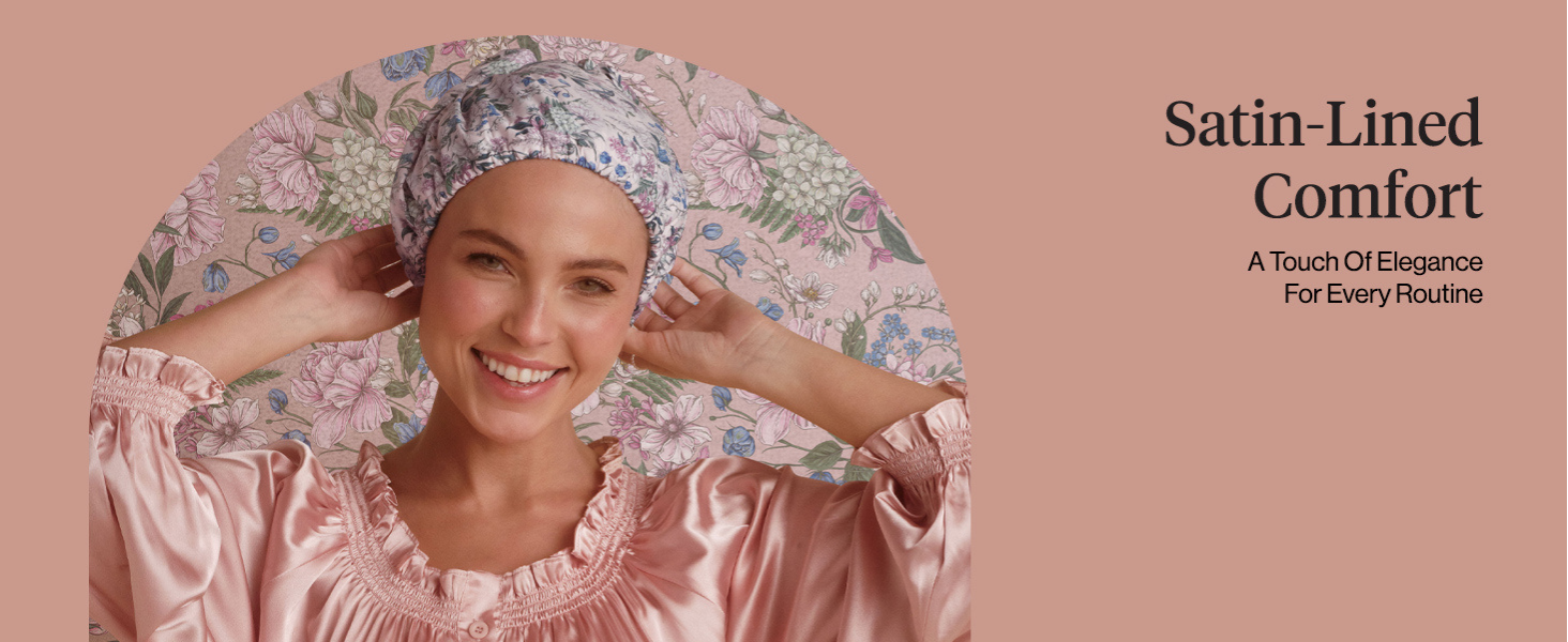 Bridgerton x Kitsch Satin-Lined Flexi Shower Caps for Women Reusable Waterproof - Large Wide Shower Cap for Women & Men, Adjustable, Stylish Hair Cap for Showers, For Long & Short Hair - Wisteria