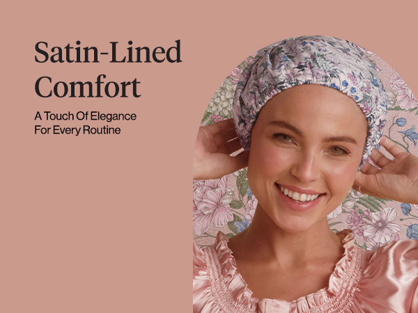 Bridgerton x Kitsch Satin-Lined Flexi Shower Caps for Women Reusable Waterproof - Large Wide Shower Cap for Women & Men, Adjustable, Stylish Hair Cap for Showers, For Long & Short Hair - Wisteria