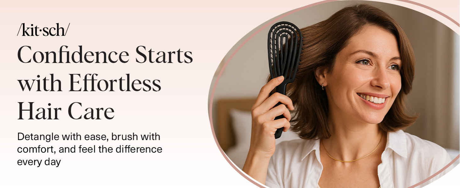 Kitsch Hair Brush Detangler – Flexi Flow Hair Brush for Women, Men & Kids | Detangling Brushes for Curly Hair with Bendable Frame, Bounce Curl Defining Brush for Wet or Dry Strands - Black