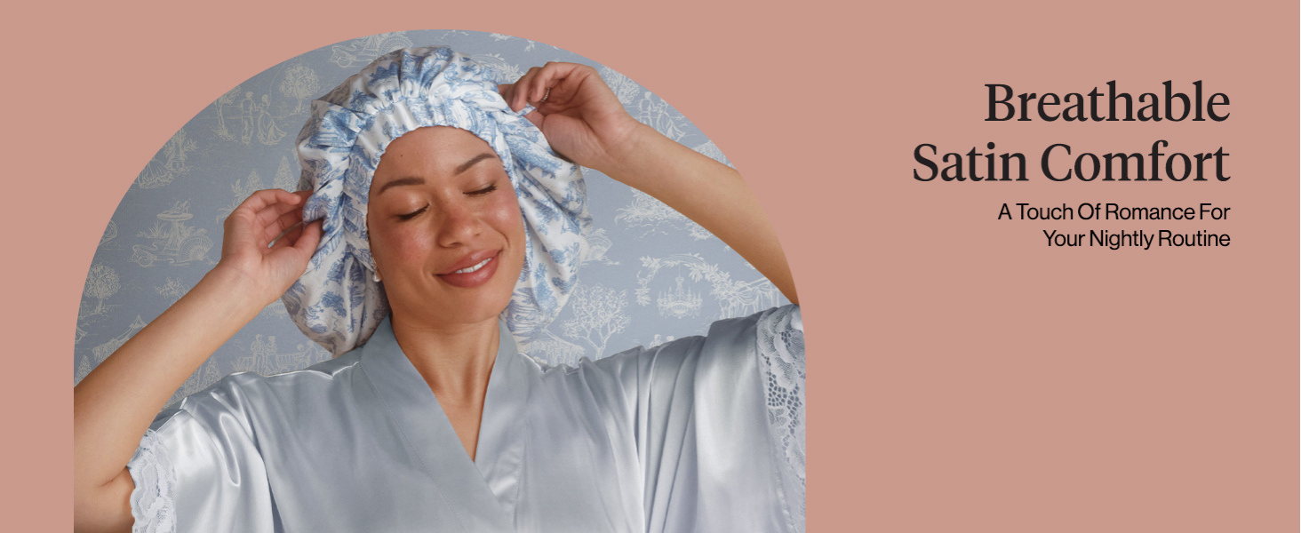 Kitsch x Bridgerton Satin Bonnet for Sleeping - Softer Than Silk Bonnet For Sleeping Women - Secure Fit, Adjustable, Night Cap For Curly & Textured Hair - Prevents Breakage & Tangles - Garden Toile