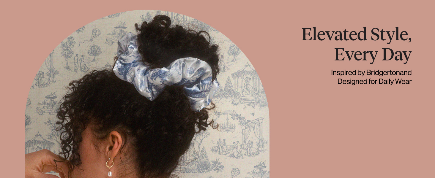 Bridgerton x Kitsch Satin Scrunchies for Women, No Snag, No Tugging, Soft & Comfortable Scrunchies for Girls, Perfect for Day or Night | Ideal Gifts for Women - Toile De Blue, 2pcs