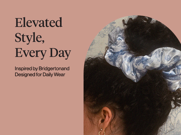 Bridgerton x Kitsch Satin Scrunchies for Women, No Snag, No Tugging, Soft & Comfortable Scrunchies for Girls, Perfect for Day or Night | Ideal Gifts for Women - Toile De Blue, 2pcs