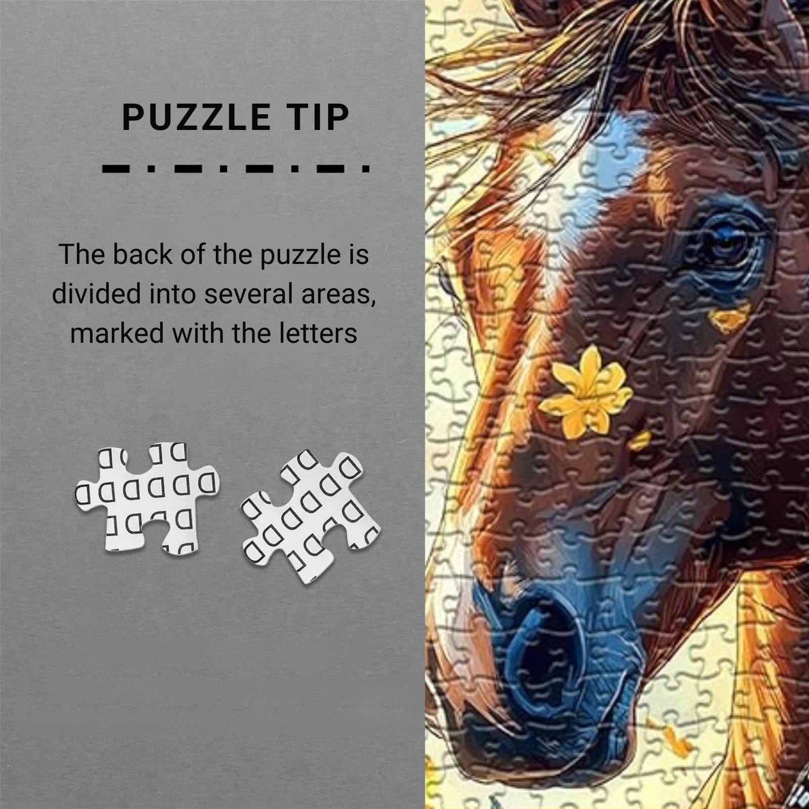 Horse Among Blossoms 1000 Piece Jigsaw Puzzle: Dive into the puzzling adventure with ease as the puzzle's back is segmented into labeled areas for convenient sorting.  Enjoy our missing piece replacement service for a stress-free and seamless experience.