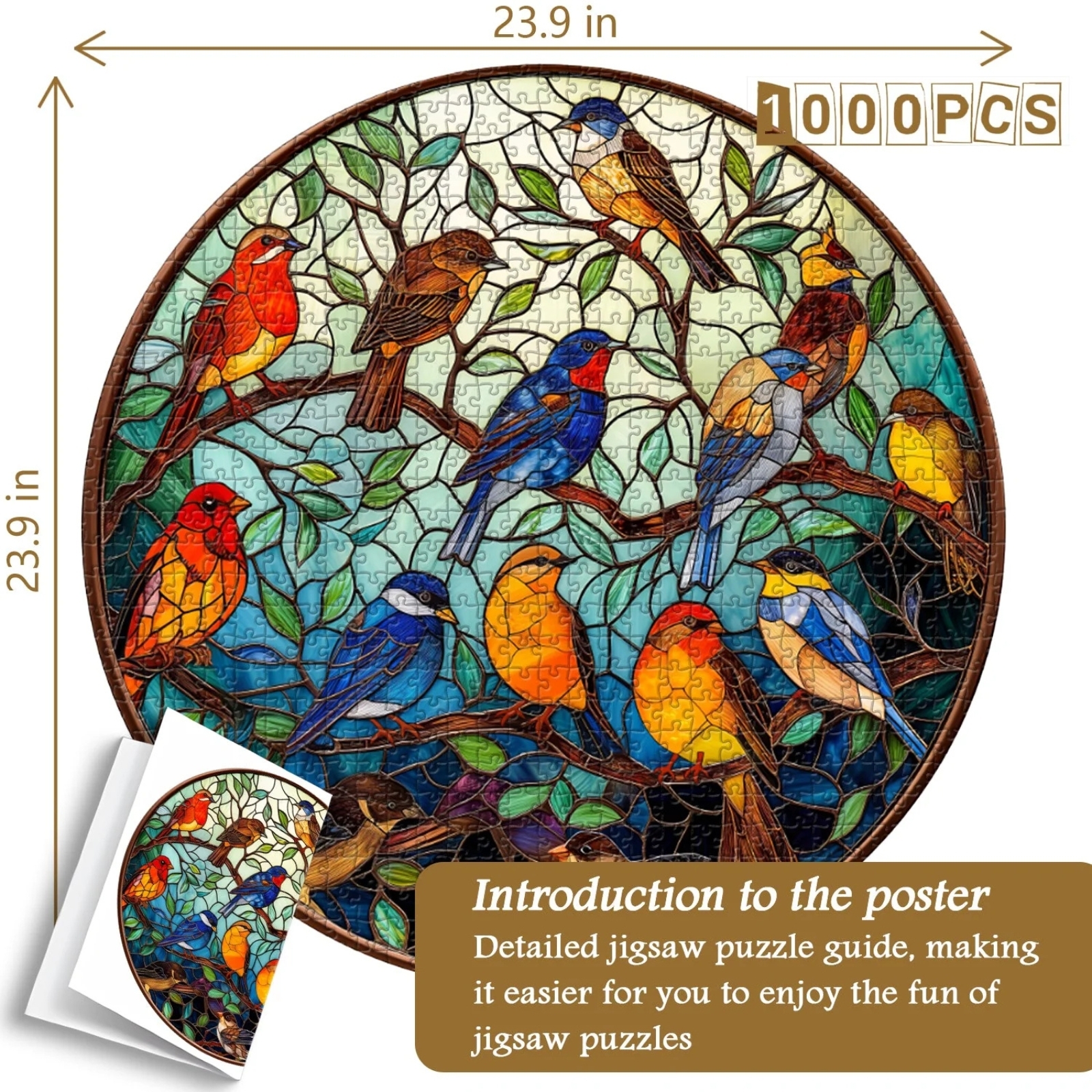 Tree Birds 1000 Piece Jigsaw Puzzle for Adults: The sturdy packing box contains your Tree Birds puzzle, along with a high-definition poster to provide reference for the round stained glass jigsaw puzzle.