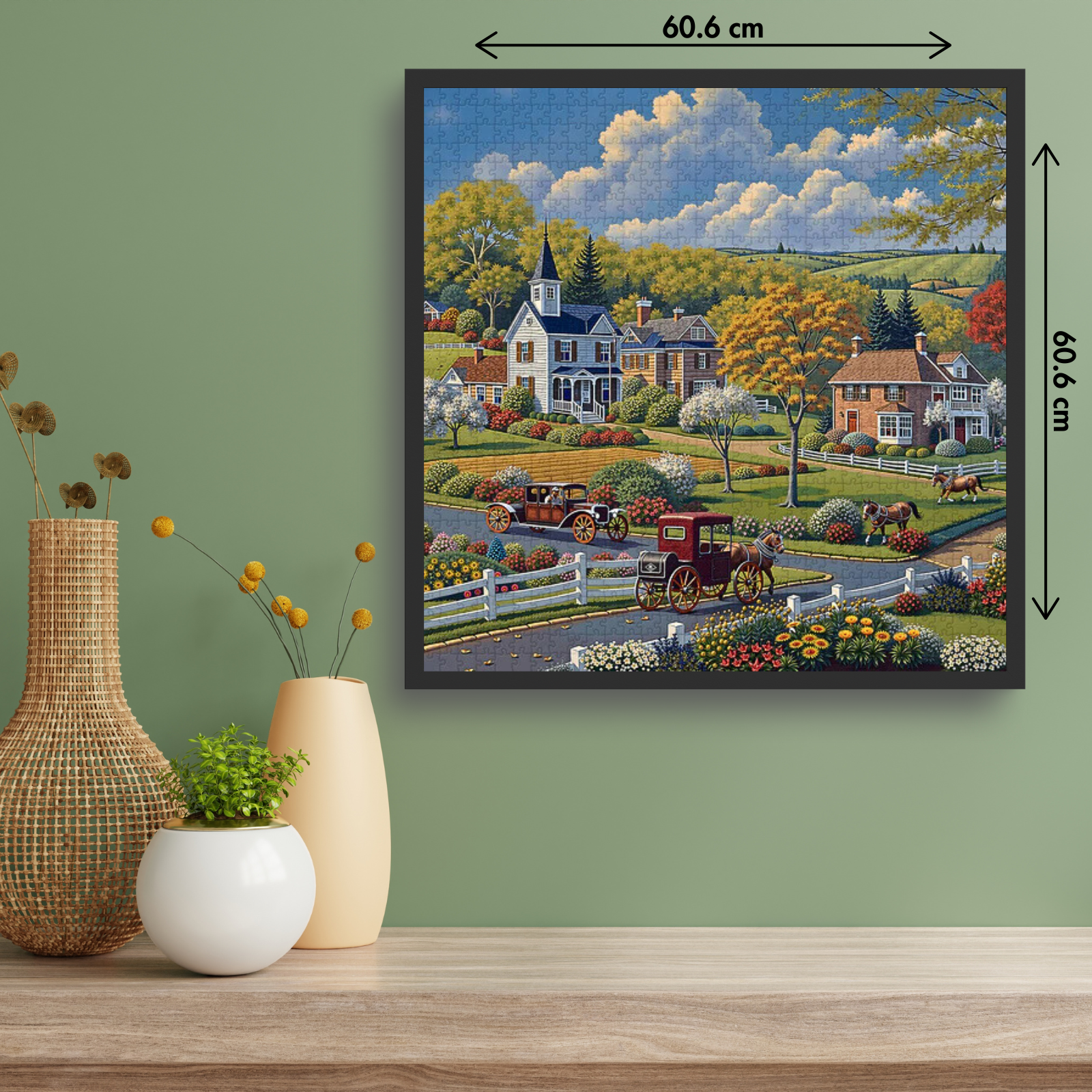 Vintage Garden Countryside Puzzle for Adults 1000 Pieces, Colorful Flower Jigsaw Puzzles, Challenging Horse, Carriage, House Art Puzzle