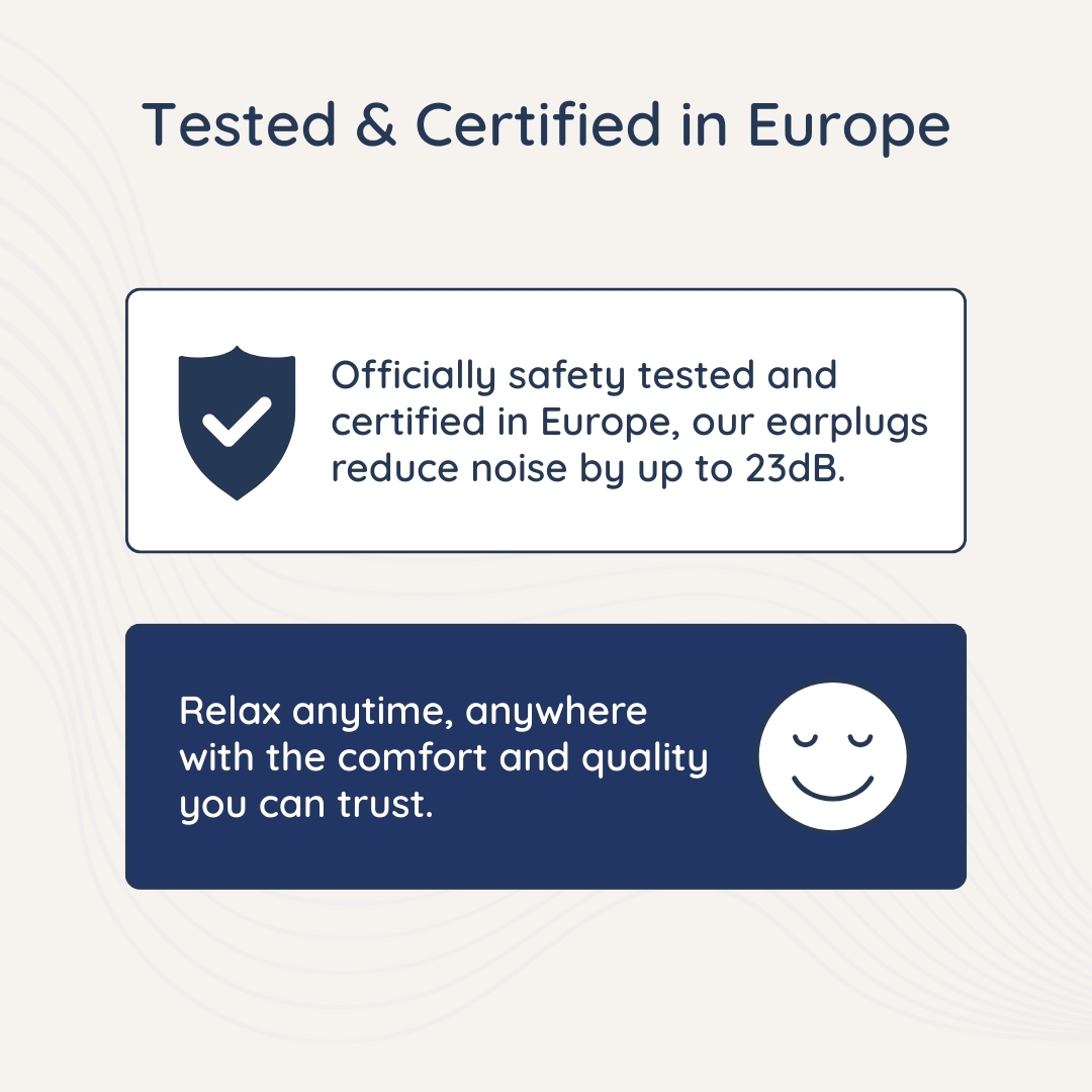 Zulfees Earplugs are officially safety tested and certified in Europe, our earplugs reduce noise by up to 23dB