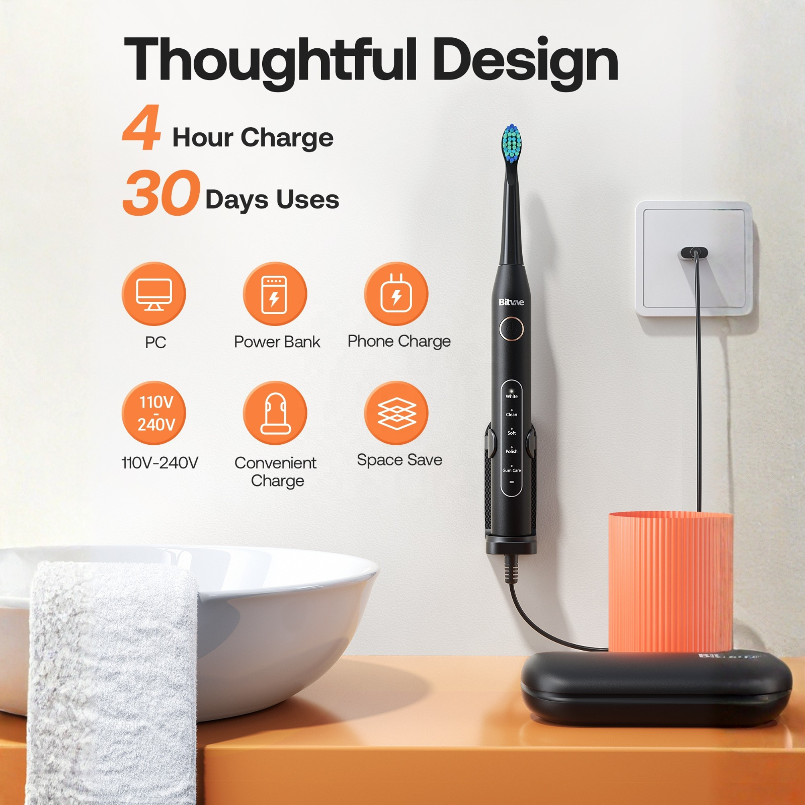 Bitvae Electric Toothbrush thoughtful design 4 hour charge using USB for 30 days use