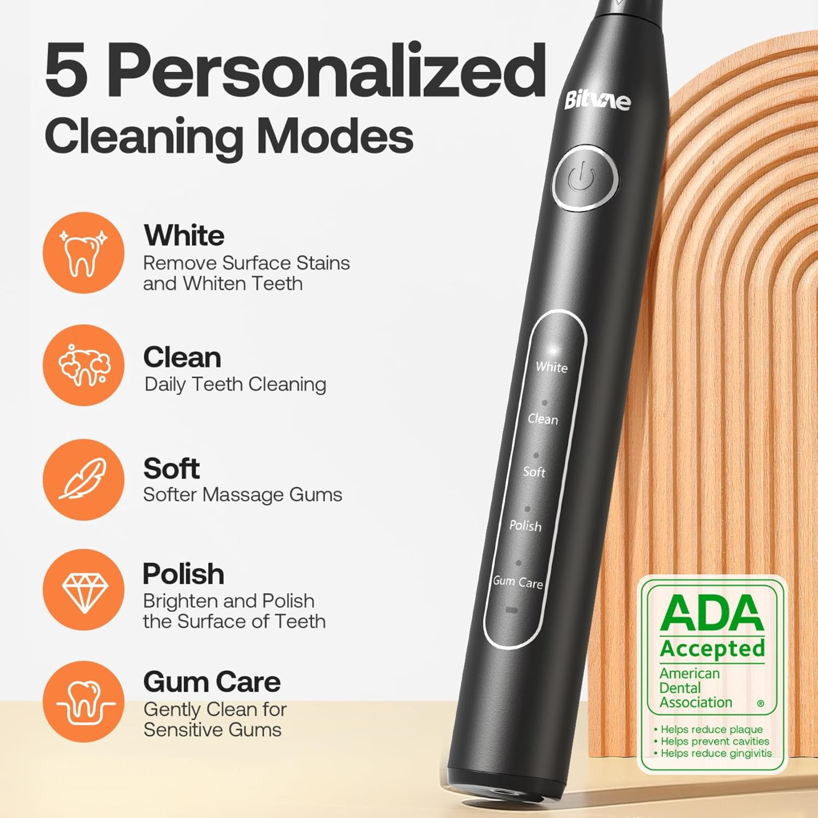 Bitvae Electric Toothbrush with 5 Personlized Cleaning Modes, White: Removes Surface Stains and Whiten Teeth, Clean: Daily Teeth Cleaning, Soft: Softer Massage Gums, Polish: Brighten and Polish the Surface of Teeth, Gum Care: Gently Clean for Sensitive Gums. American Dental Association Accepted Electric Toothbrush
