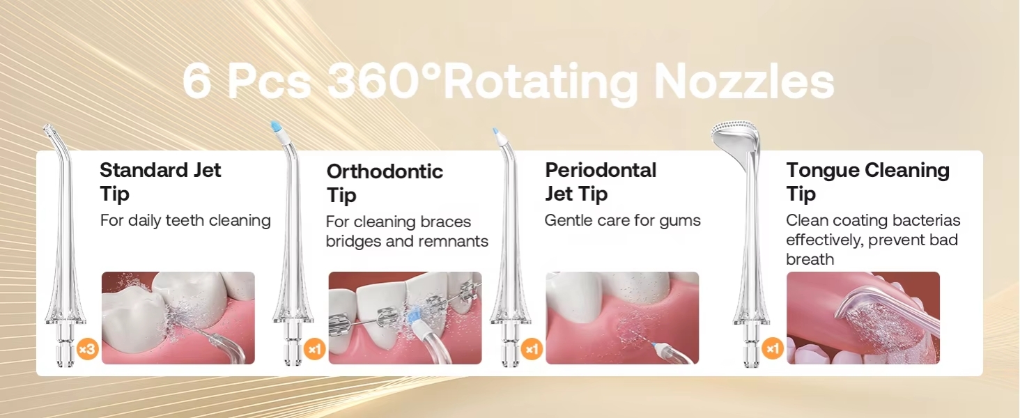 Water Flosser Bitvae C6, 6 Pcs 360 degree Rotating Nozzles, 2 Standard Jet Tip, 1 Orthodontic Tip, 1 Peridontal Jet Tip and 1 Tongue Cleaning Tip