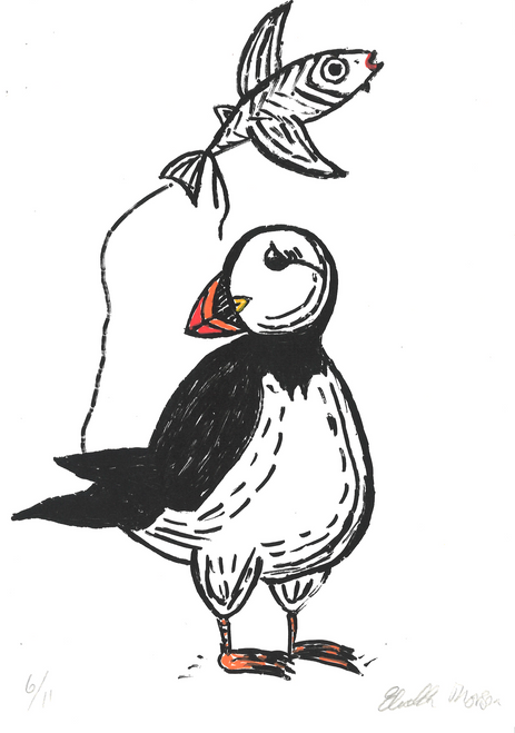 Lundefuglen og fisken ( Silketrykk)