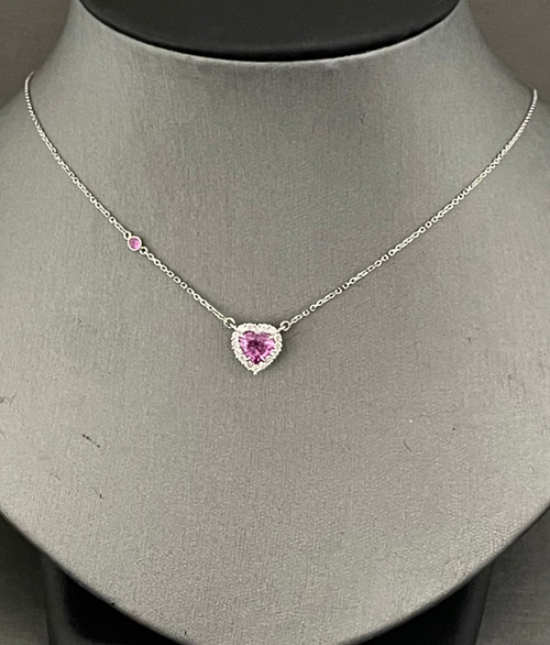 Pink Sapphire and Diamond Heart Necklace  in 14k White Gold
