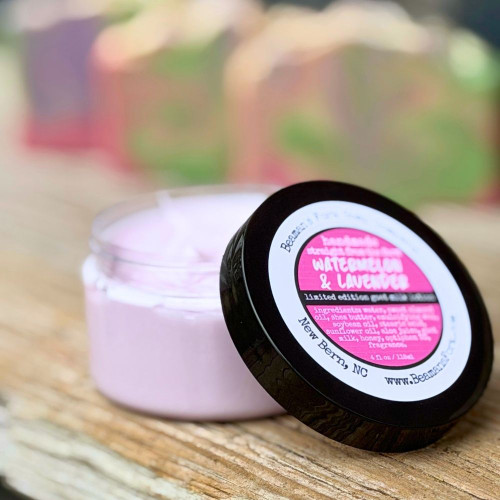 Watermelon Lavender Goat Milk Lotion with goat milk soap in the background