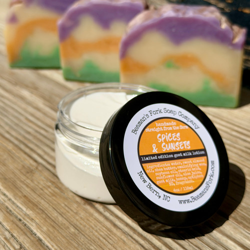 Spice scented goat milk lotion in a jar